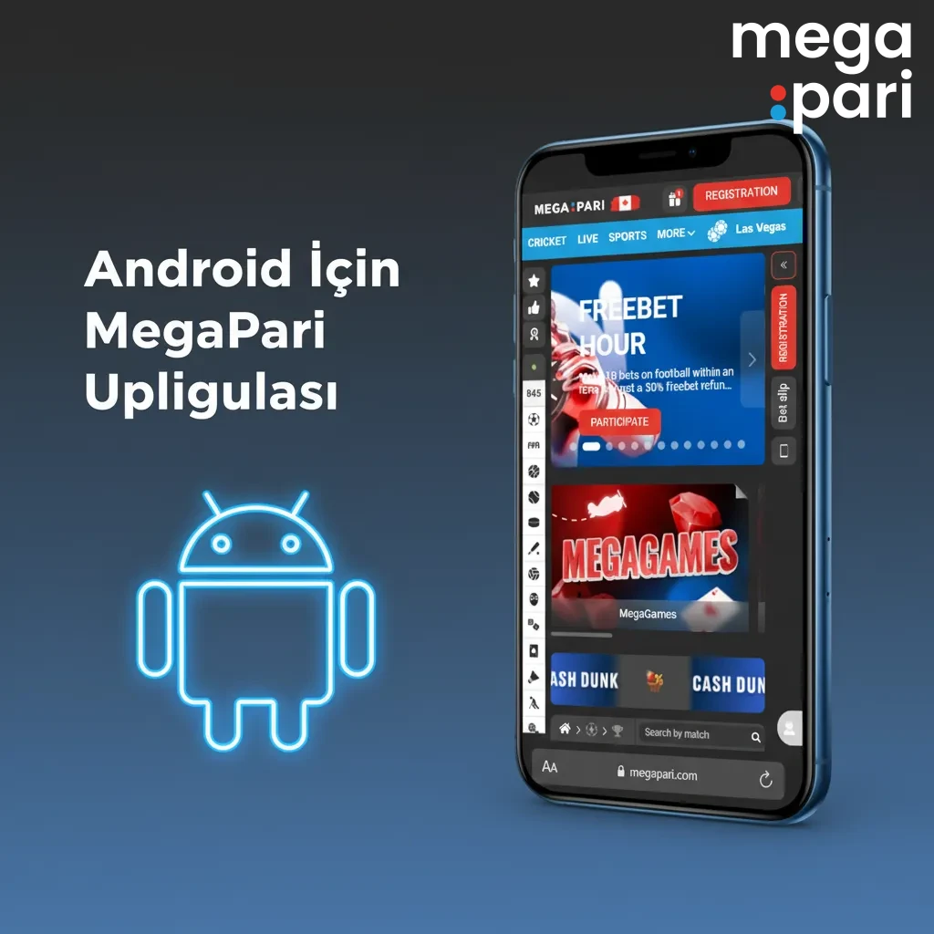 MegaPari Android uygulaması ekranı: APK indir-kur, giriş yap; casino ve bahis oyunları. Android 6.0+, 100 MB boş alan.