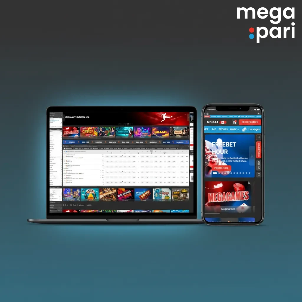 MegaPari interface with Sports, Live, Esports, Casino tabs; betslip and account section on the right for quick bets.