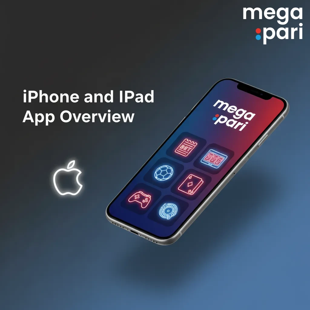 iPhone and iPad showing the MegaPari app: betting, casino, payments; iOS 12+ and 150 MB required.