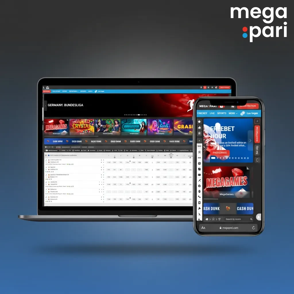 MegaPari arayüzü: üstte Spor, Canlı, eSpor, Casino, Canlı Casino, Promosyonlar, Ödemeler; hızlı arama, kupon ve hesap menüsü
