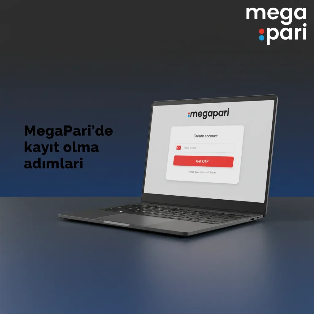 MegaPari’de kayıt adımları: e‑posta/telefon ve tek tık, TL seçimi, onay, ilk yatırım ve bonusu gösteren ekran grafiği.