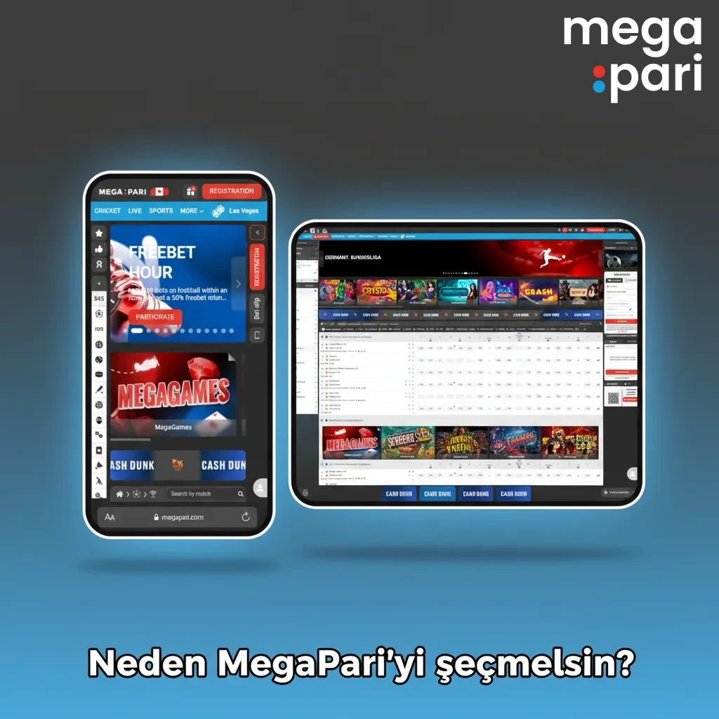MegaPari tanıtım görseli: yüksek oranlar, geniş pazarlar, hızlı TRY ödemeleri, cashout, zengin casino ve kampanyalar.