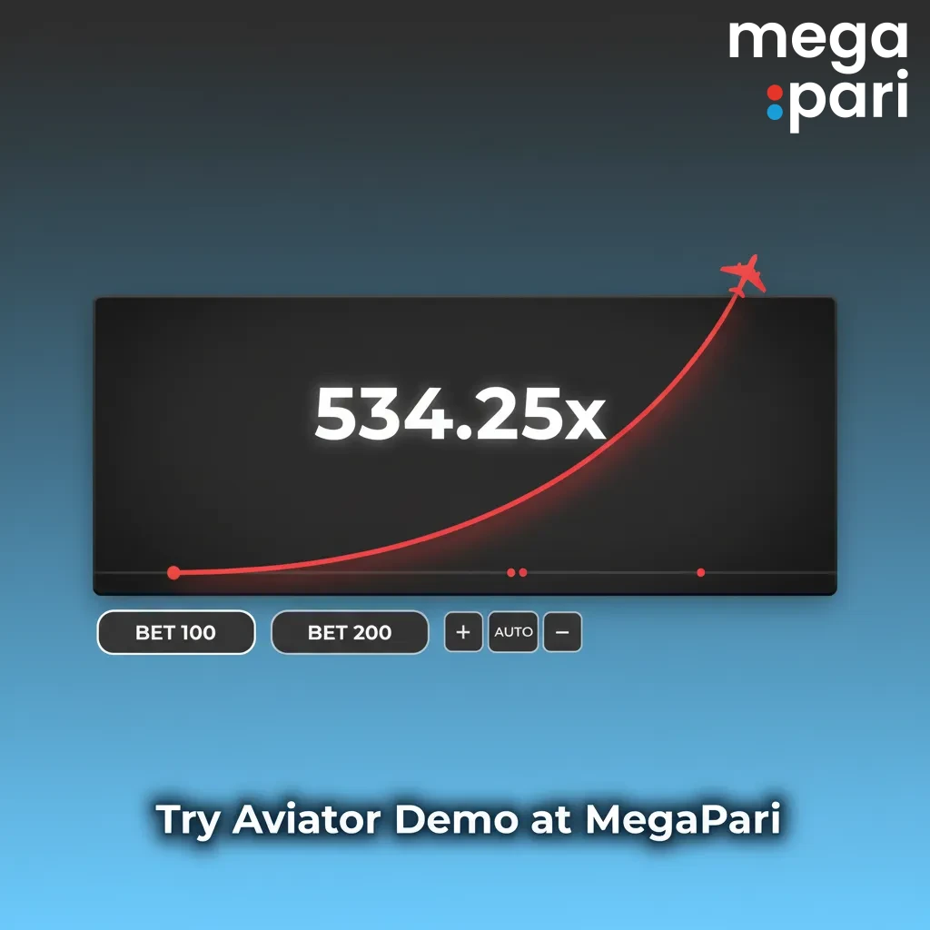 Try Aviator Demo at MegaPari banner showing 24/7 practice with virtual credits, crash mechanics and cash-out timing.