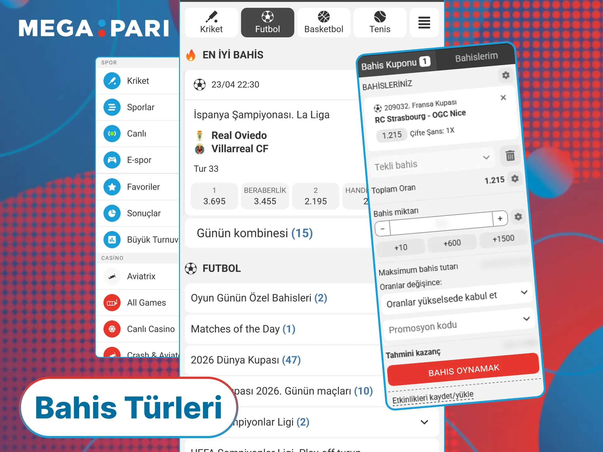 MegaPari platformundaki çeşitli bahis türlerini değerlendirin ve şansınızı hemen deneyin.