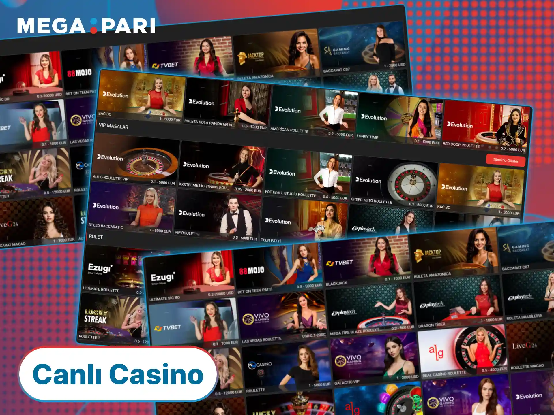 MegaPari canlı casino masalarına katılın ve gerçek kurpiyerlerle oyun oynayın.