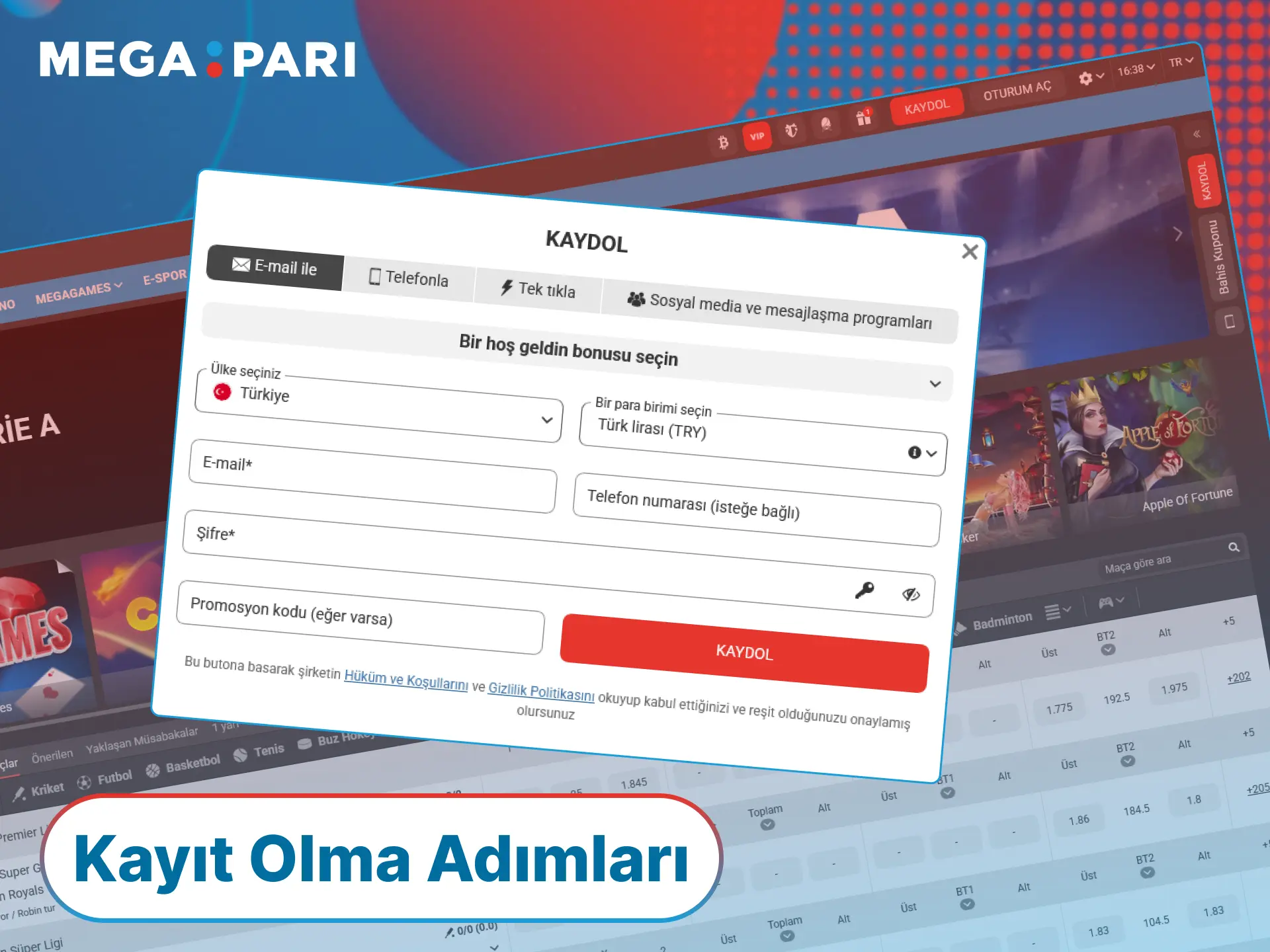 MegaPari üyelik işlemlerini tamamla ve özel casino dünyasına giriş yap.