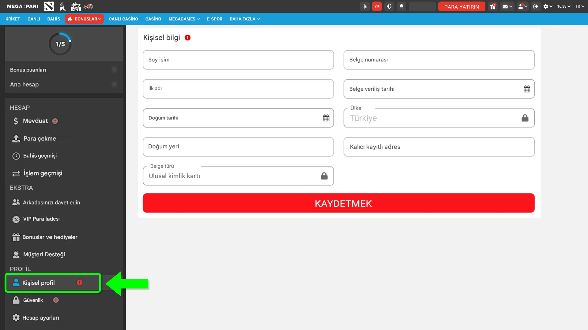 Doğrulama sürecini başlatmak için hemen MegaPari profil sayfanıza giriş yapın.