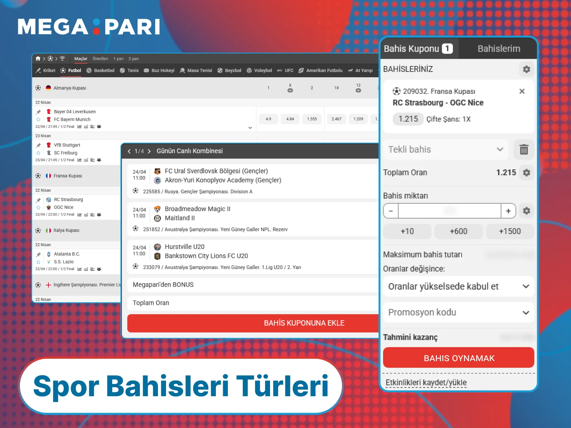 MegaPari spor bahisleri kategorisinde Türkiye'deki favori branşlara kupon yapın.