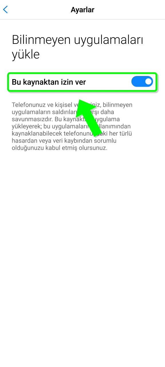 MegaPari Android kurulumuna devam etmek için bilinmeyen kaynaklara erişim izni verin.