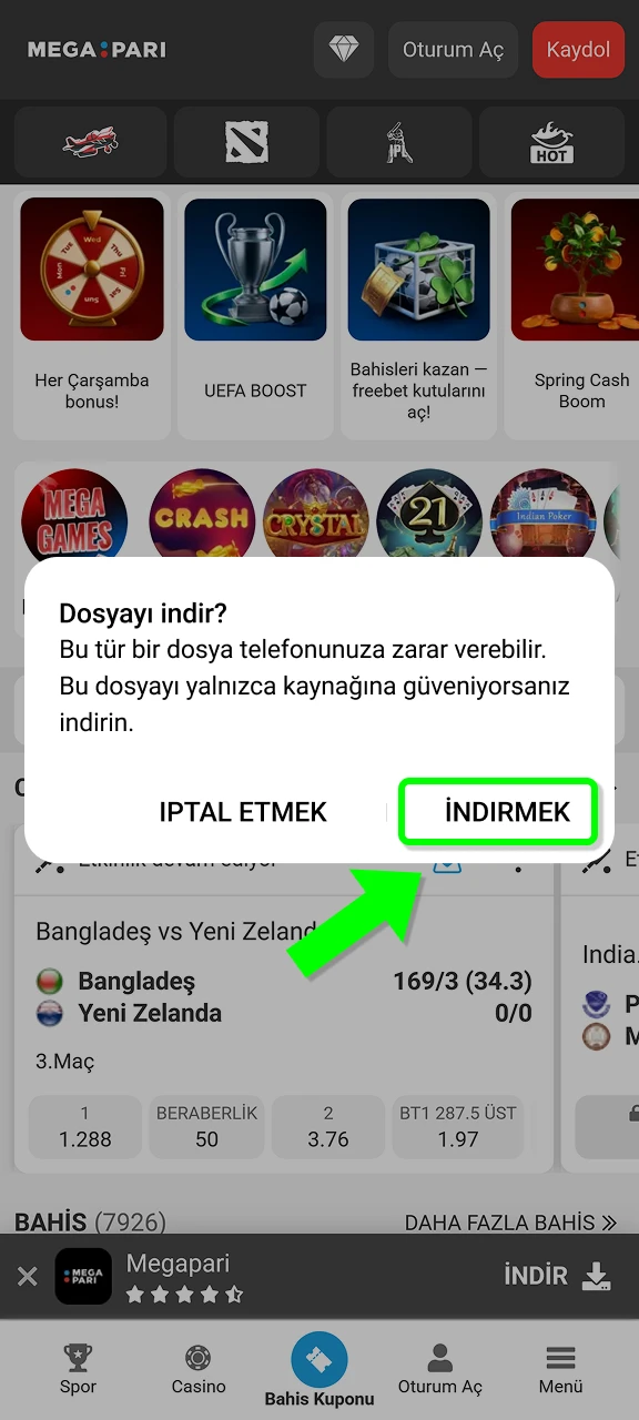 MegaPari APK dosyasını indirmek için ekrandaki onay penceresini kullanın.