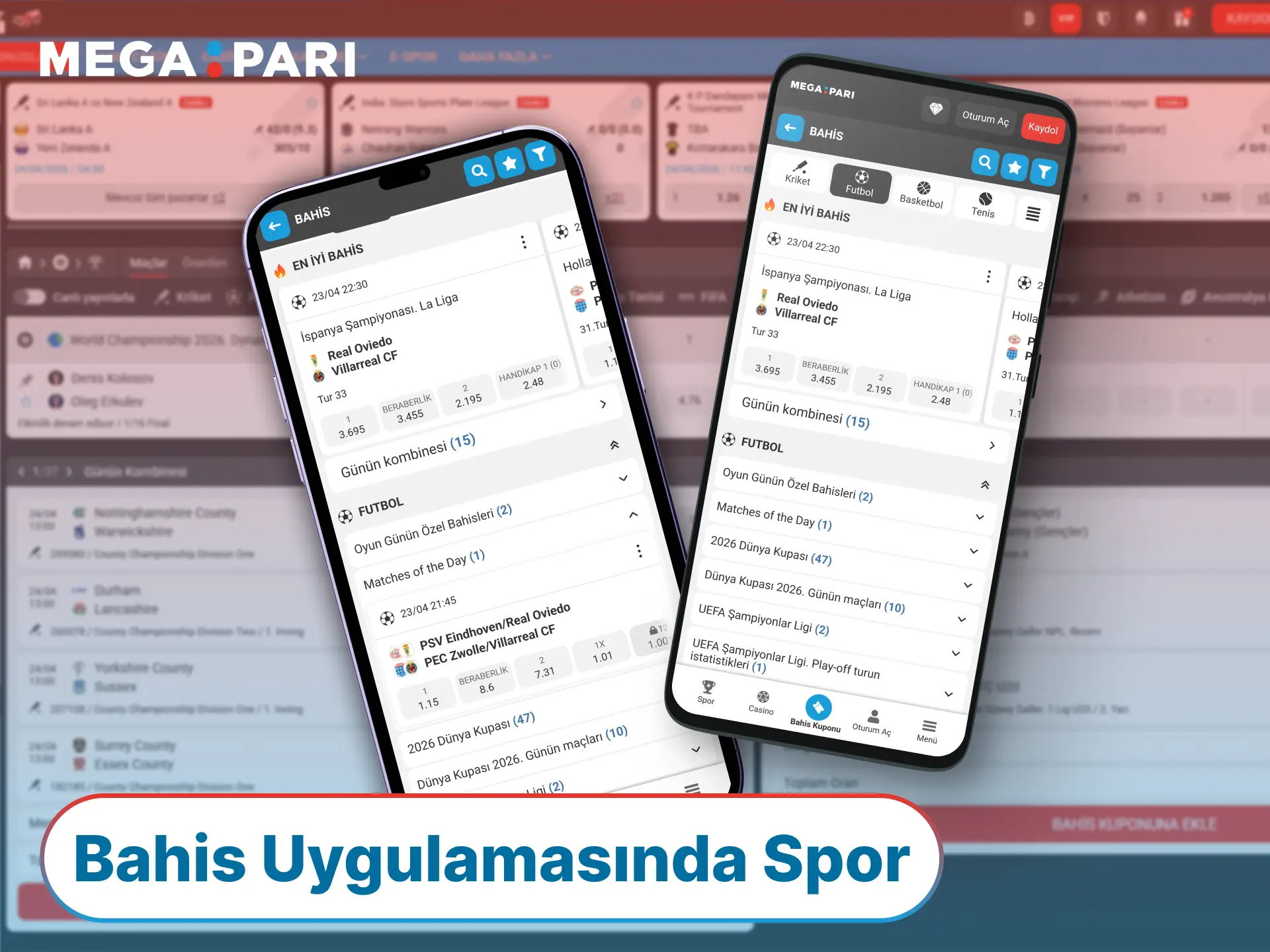 Geniş spor yelpazesi ile MegaPari App üzerinden favori takımlarınıza anında kupon yapın.