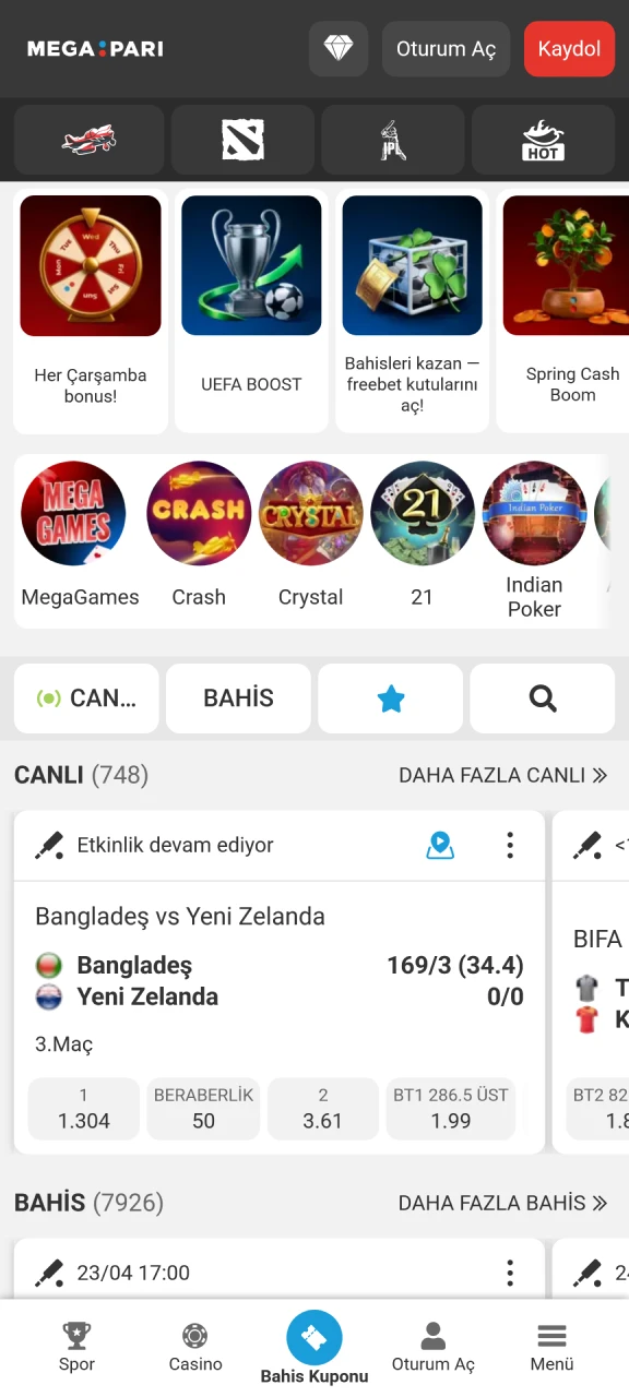 MegaPari mobil uygulamasının ana sayfasında en sevdiğiniz oyunlara hızla göz atın.
