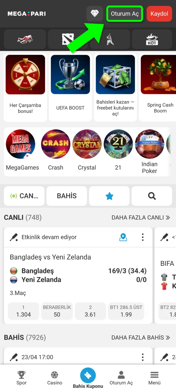 MegaPari hesabınıza hemen giriş yapın ve bahis oynamanın tadını çıkarın.