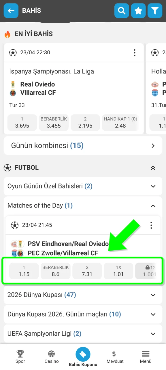 İstediğiniz orana dokunarak seçiminizi MegaPari bahis kuponuna anında ekleyin.