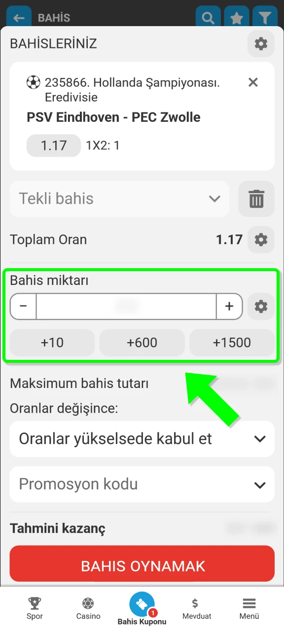 Bahis tutarını girerek MegaPari platformunda kuponu hızlıca onaylayın.