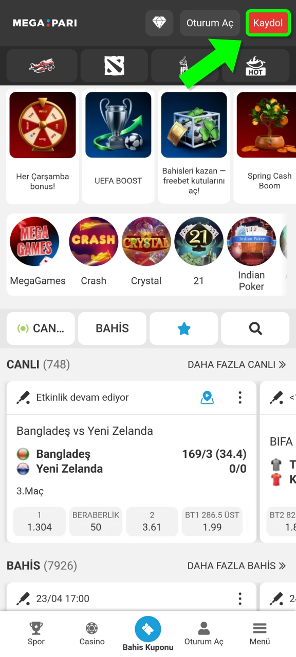 MegaPari mobil platformunda hemen bir hesap oluşturun ve kazanmaya hazırlanın.