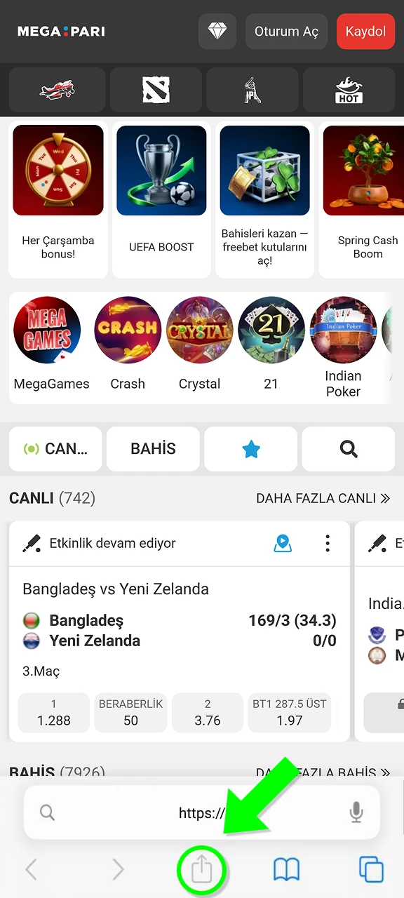 Uygulamayı yüklemek için iOS cihazınızda paylaş düğmesine dokunun ve MegaPari ayrıcalığını yaşayın.