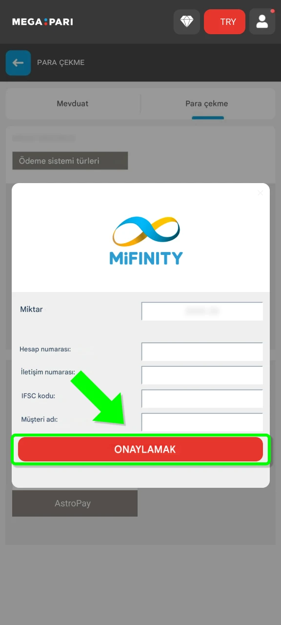 MegaPari uygulamasında kimlik doğrulayarak para çekme adımlarını başarıyla tamamlayın.