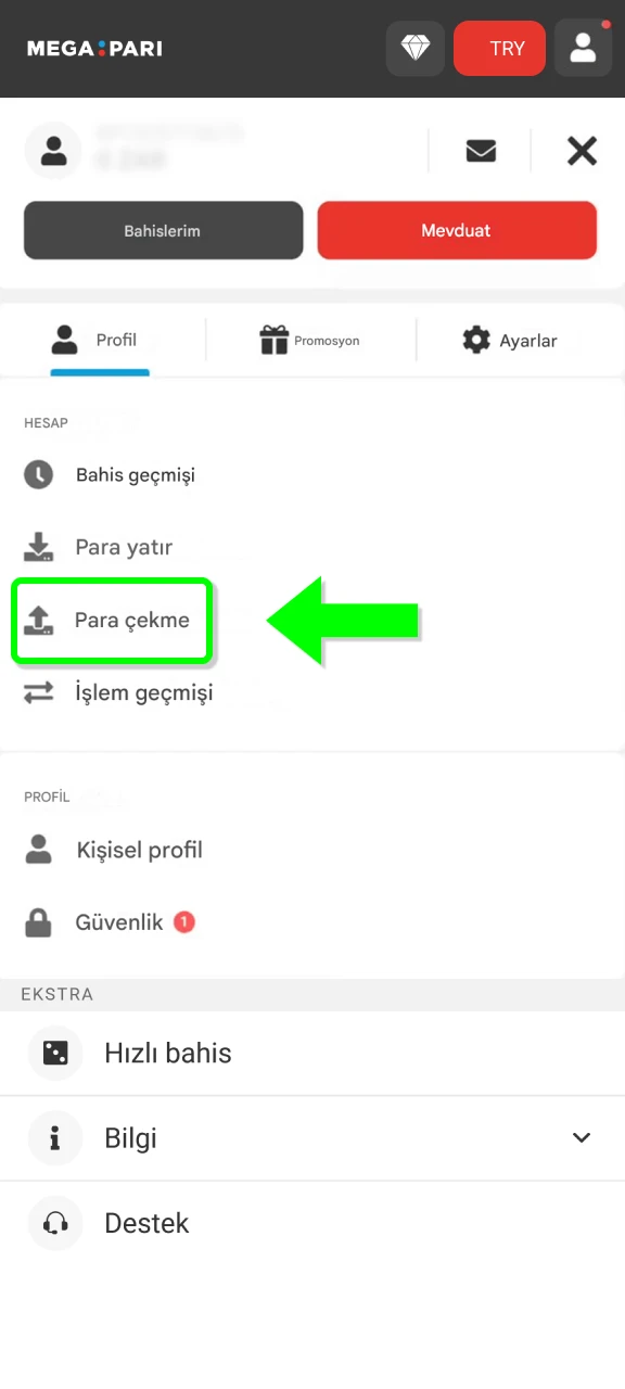 MegaPari uygulamasında para çekme menüsüne girerek kazanç adımlarını takip edin.