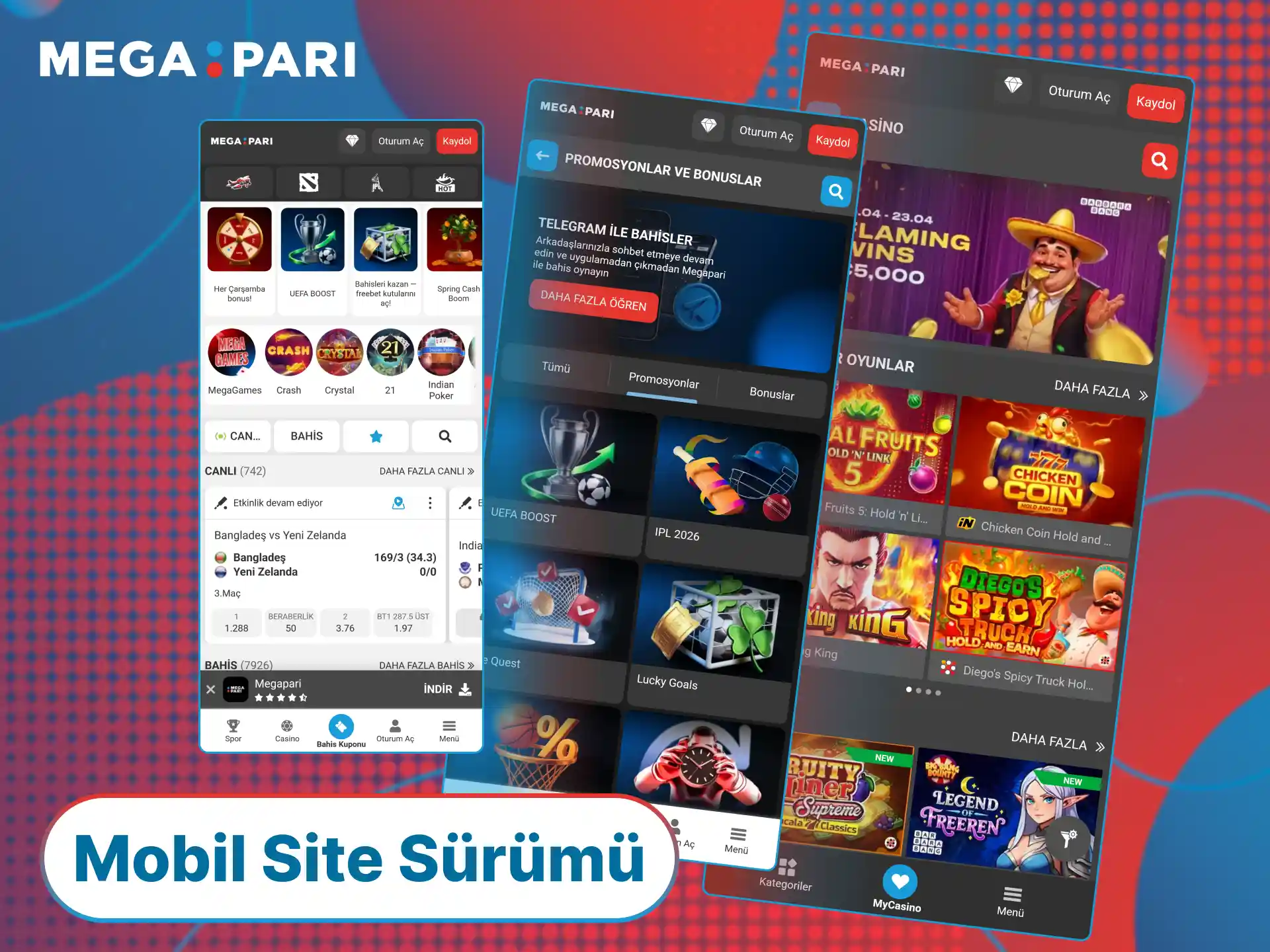 Herhangi bir kurulum yapmadan bahis oynamak için MegaPari App mobil web versiyonunu ziyaret edin.