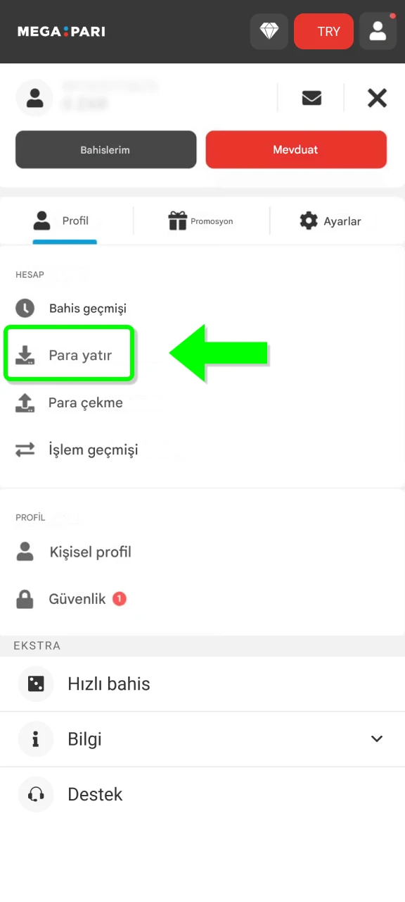 MegaPari mobil uygulamasında Para Yatır menüsüne erişerek hesabınıza hızlıca yatırım yapın.