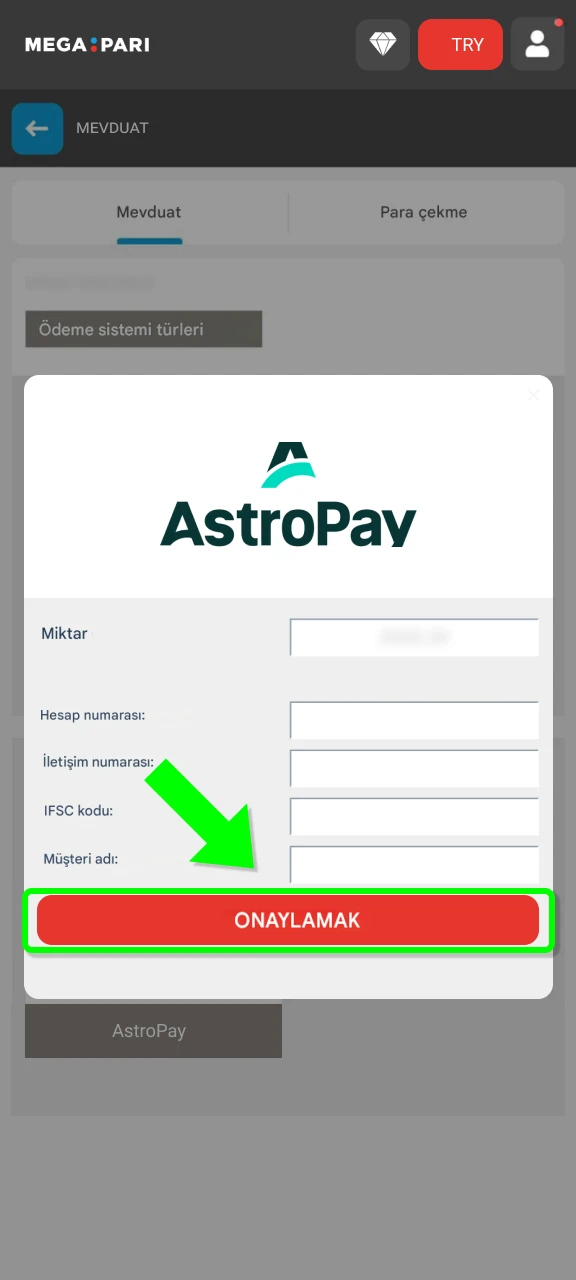 MegaPari mobil uygulamasında yatırım işlemini onaylayın ve anında oyunlara başlayın.