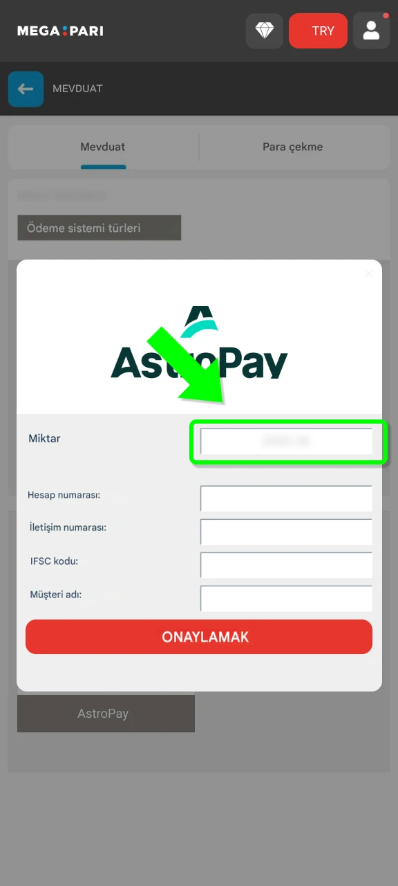 MegaPari mobil uygulamasında para yatırma tutarını belirleyerek adımları kolayca tamamlayın.