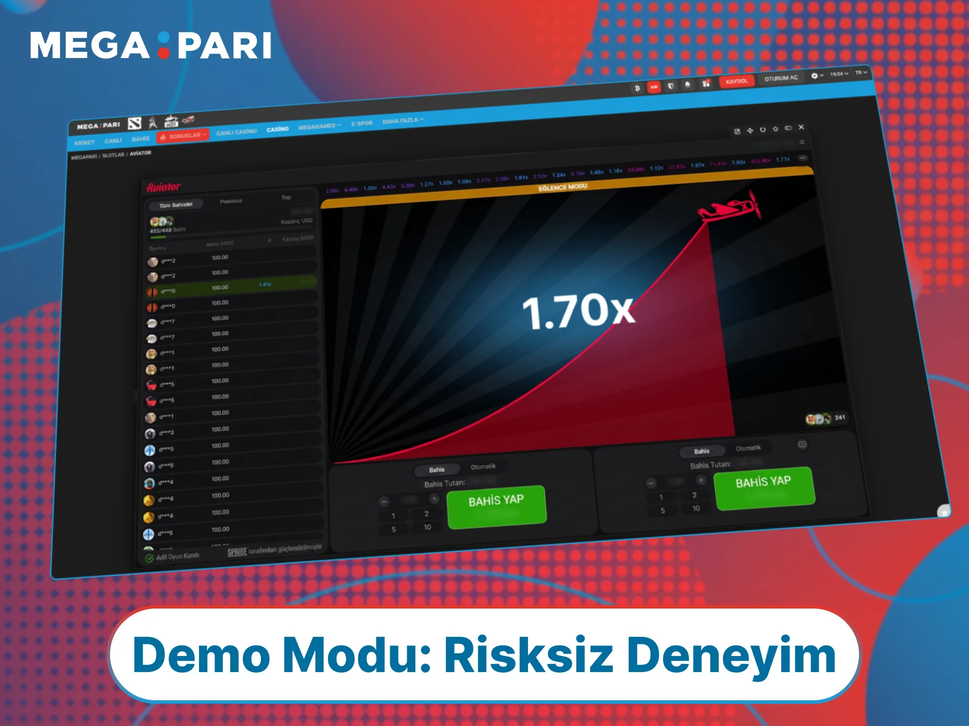 Ücretsiz Aviator demo modunu kullanarak MegaPari platformunda deneyim kazanın.