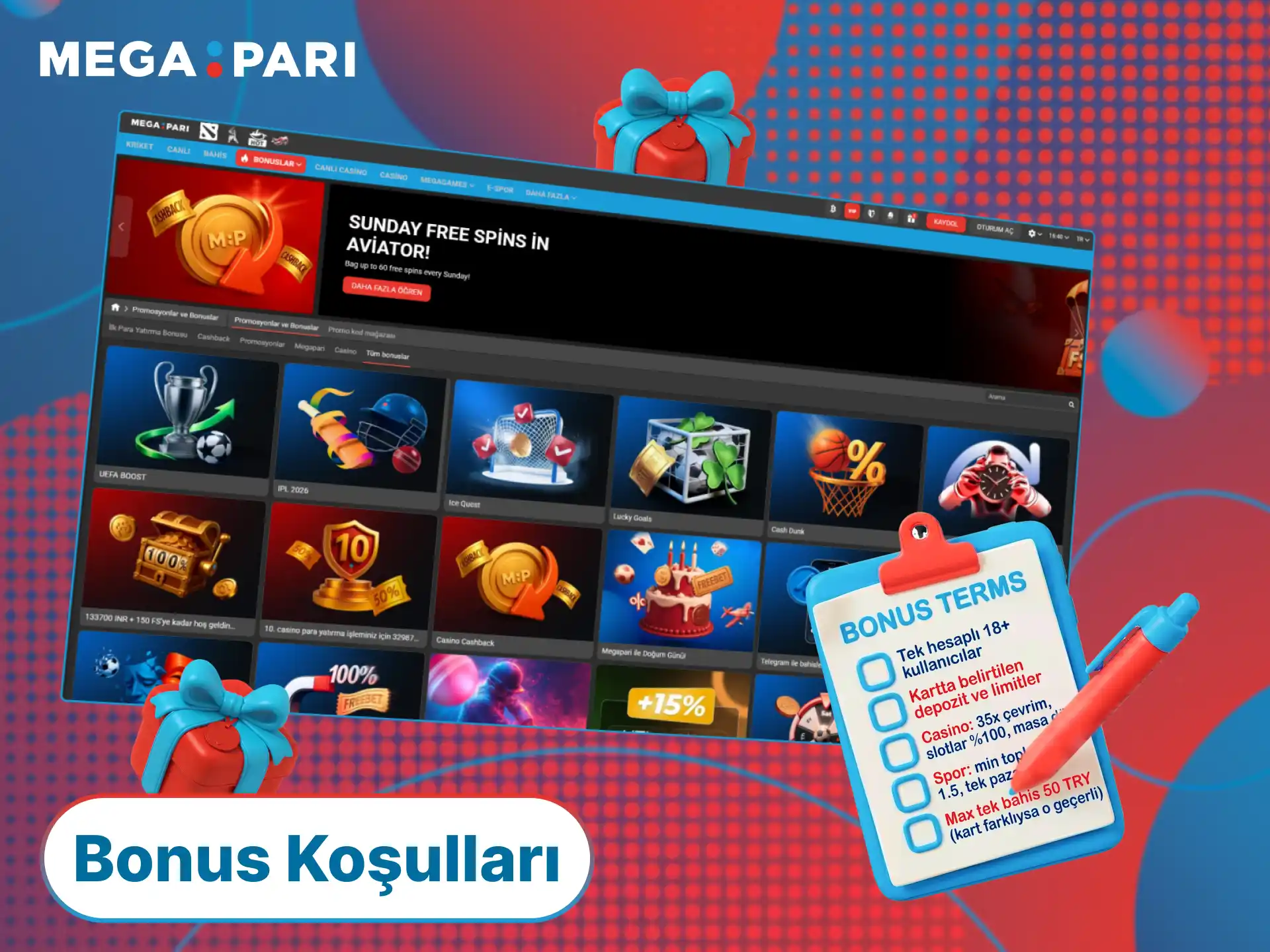 MegaPari bonus koşulları hakkında bilgi alarak çevrim şartlarını kolayca tamamla.