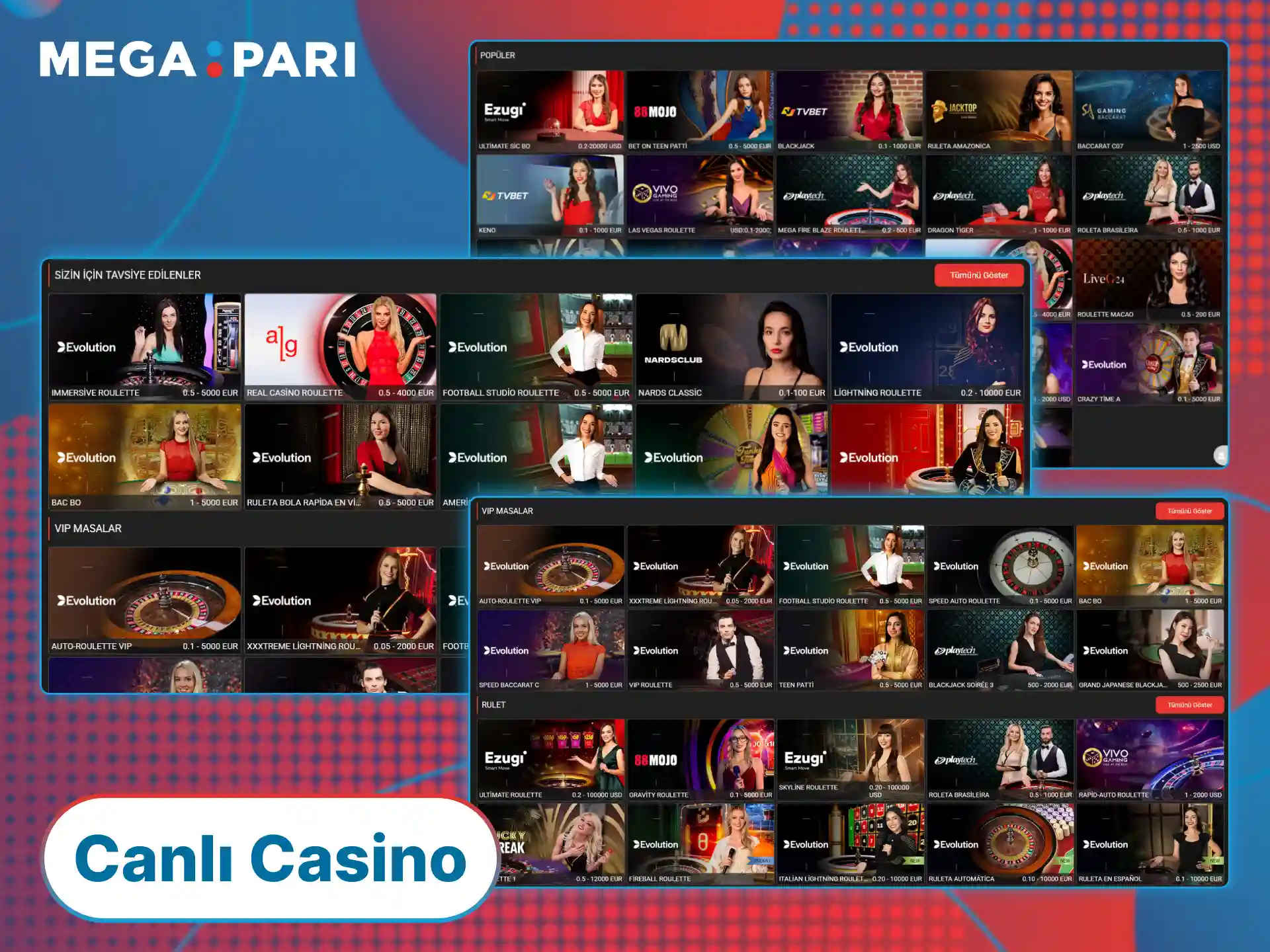 Gerçek kurpiyerler eşliğinde MegaPari canlı casino masalarına katılın ve heyecanı hissedin.