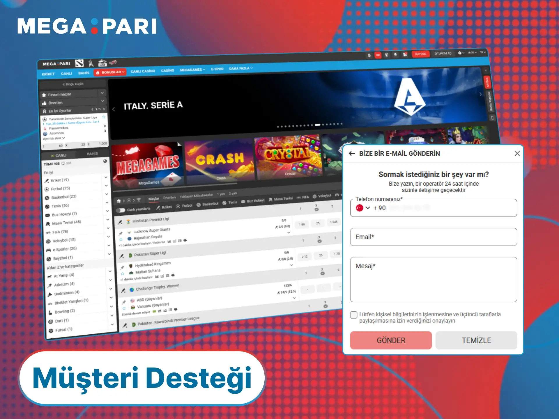 MegaPari müşteri destek ekibine bağlanarak Türkiye’deki tüm sorularınıza anında yanıt alın.