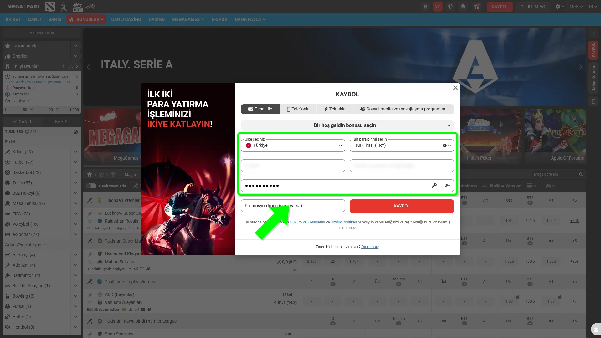 MegaPari Kayıt formuna gerekli kişisel bilgilerinizi eksiksiz girin.