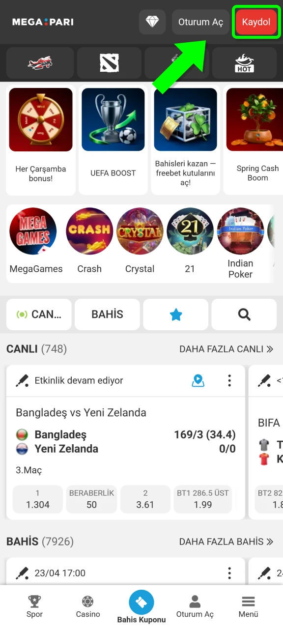 MegaPari mobil uygulamasını açın ve Türkiye'den kayıt sürecini hemen başlatın.