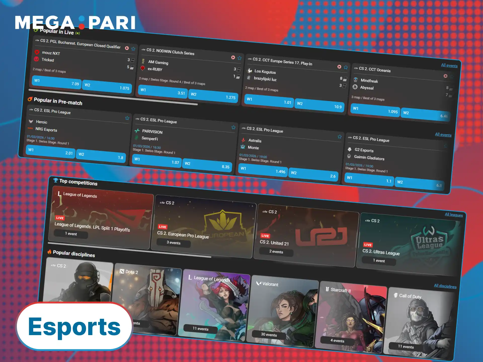Place your winning bets on competitive esports tournaments at MegaPari Turkey online.