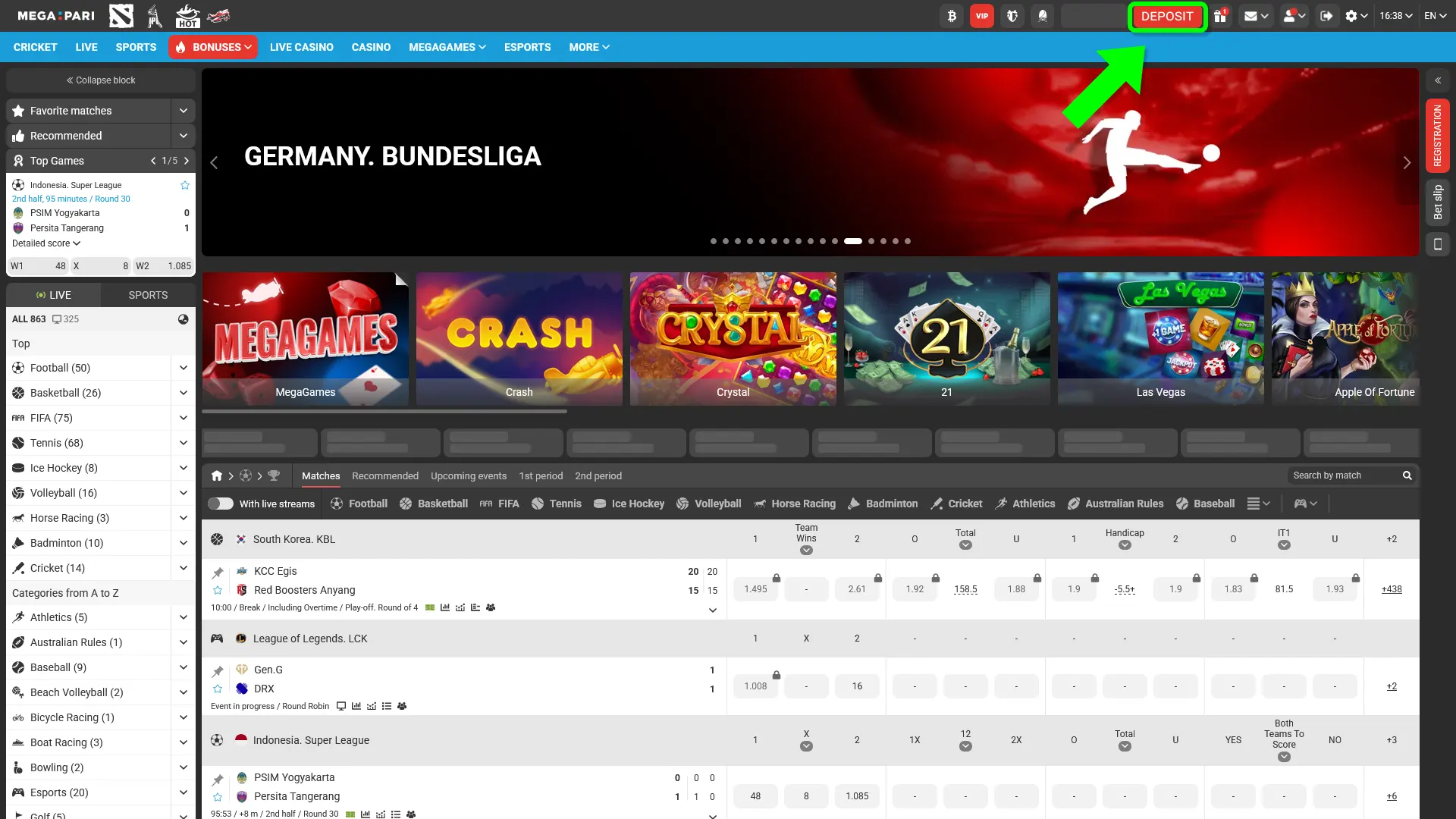 Deposit funds into your account to place a bet at MegaPari.