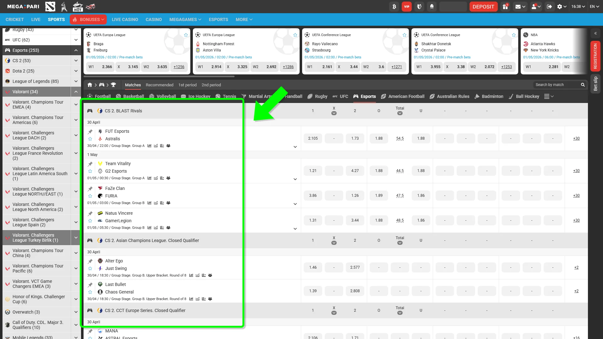 Select a sports event to bet on using the MegaPari platform.