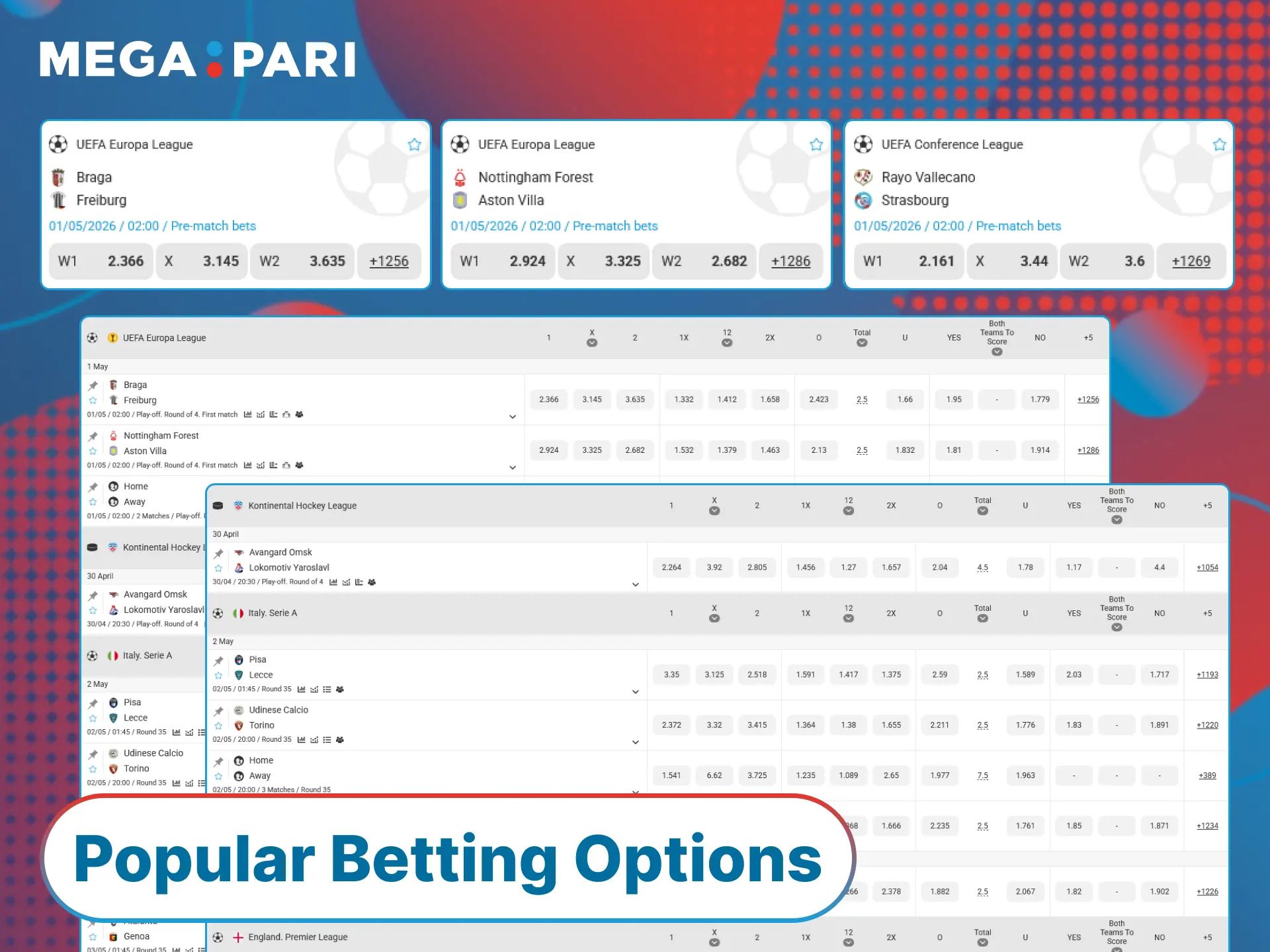 Select from the most popular sports betting categories at MegaPari Turkey.