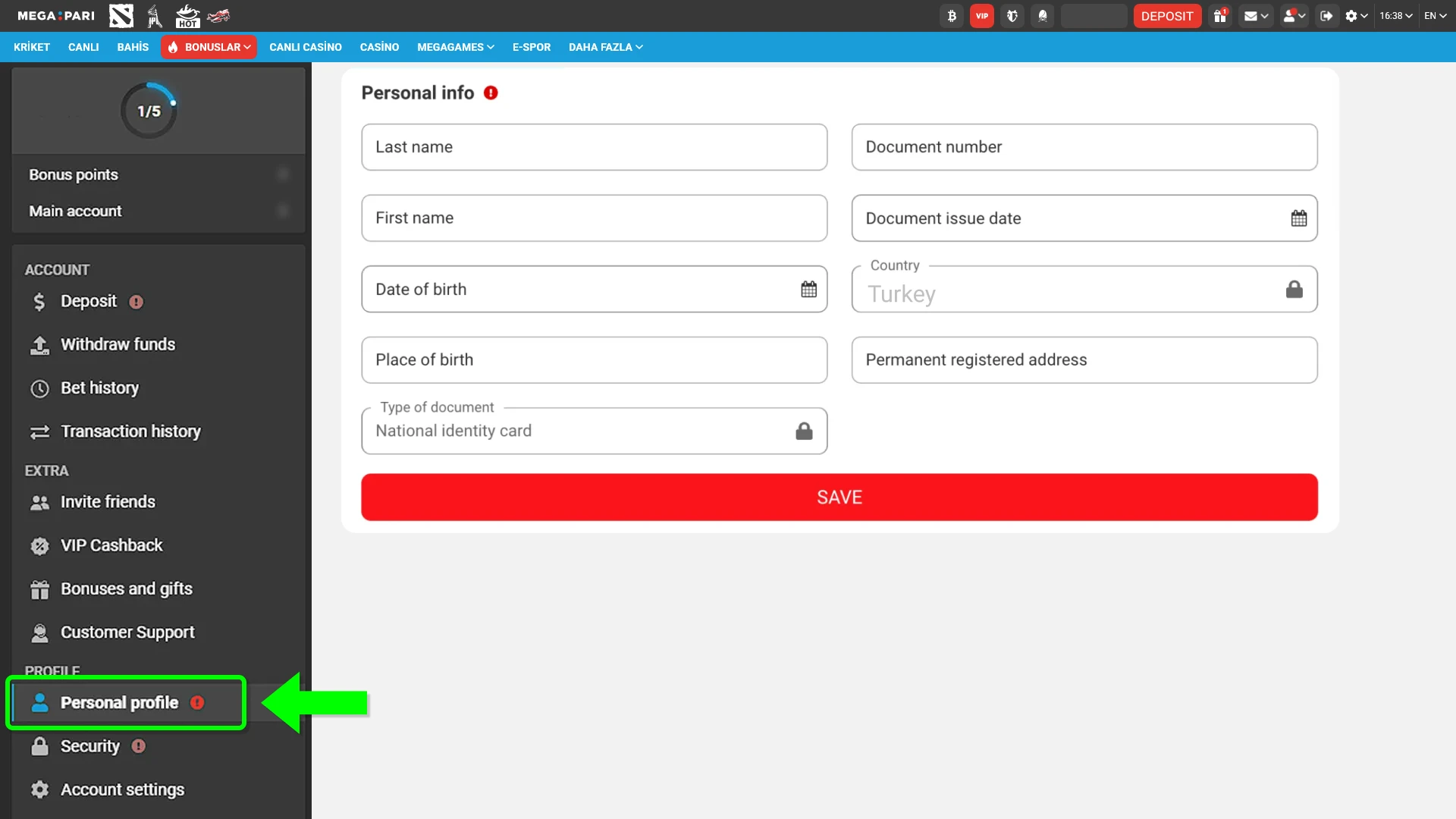 Complete the MegaPari verification in Turkey by opening your personal profile settings.
