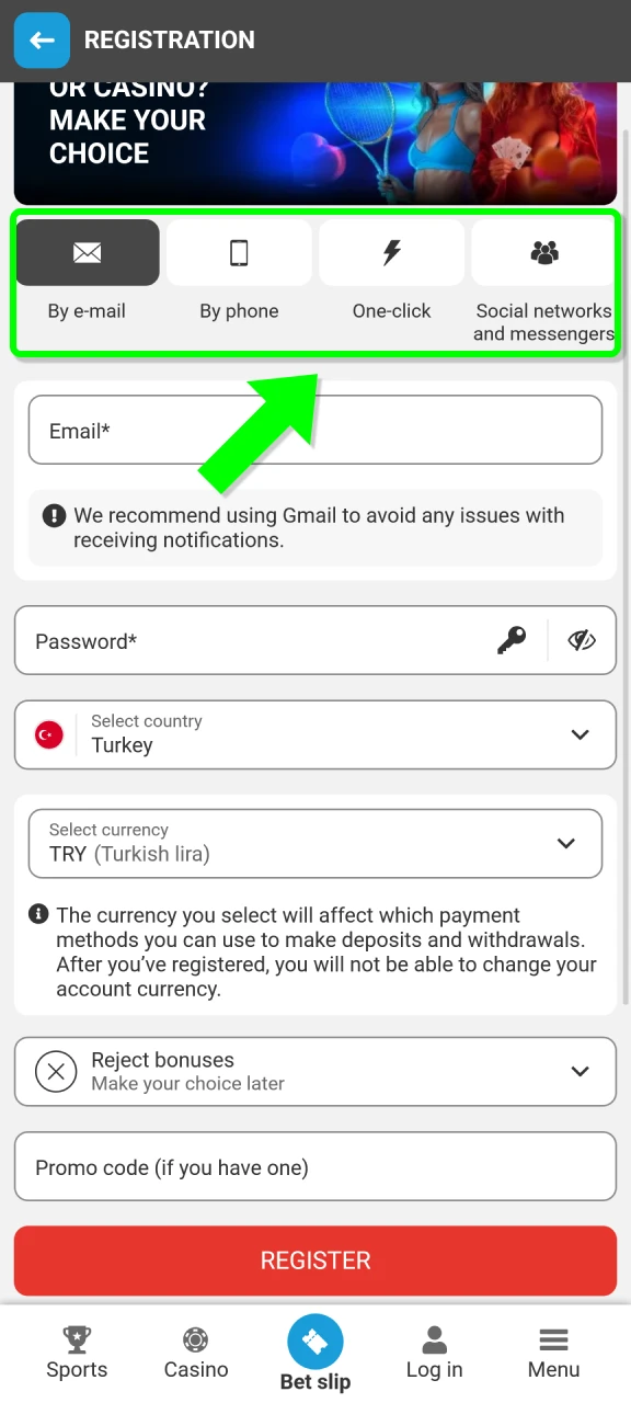 Select your preferred MegaPari App registration method to create an account.