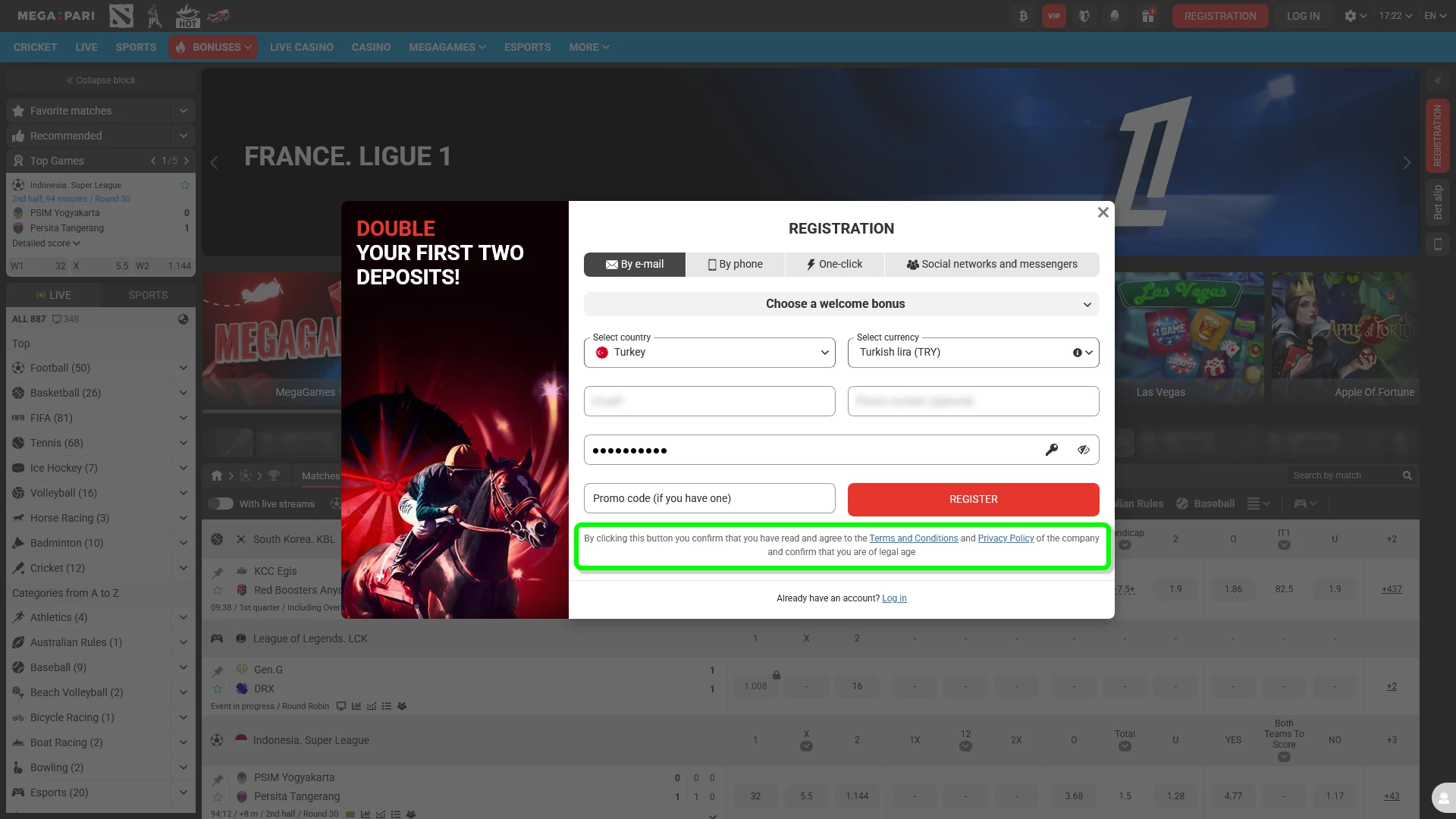 Confirm your account registration details at MegaPari and start placing bets.