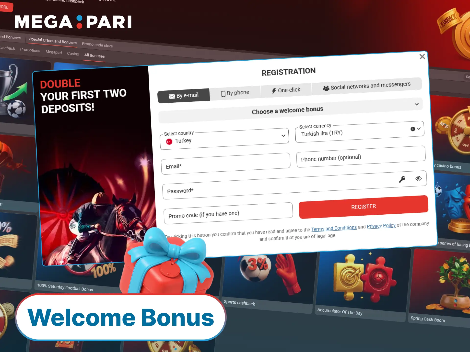 Claim your MegaPari welcome bonus and start playing after the registration process.